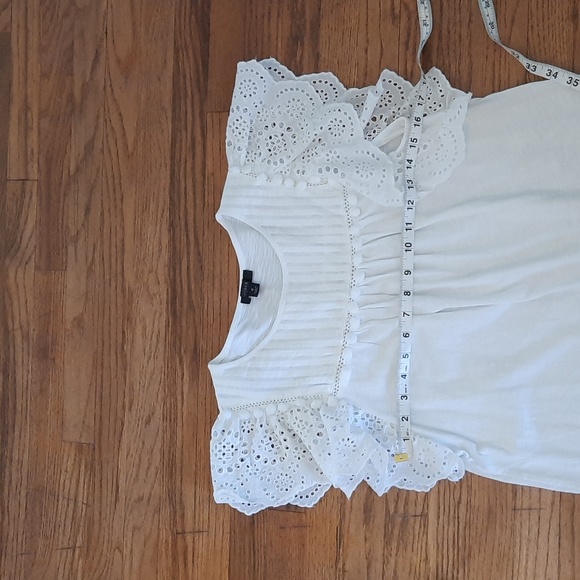 J. Crew White Eyelet Flutter-Sleeve Top with Pom-Pom Trim Small - Picture 2 of 7